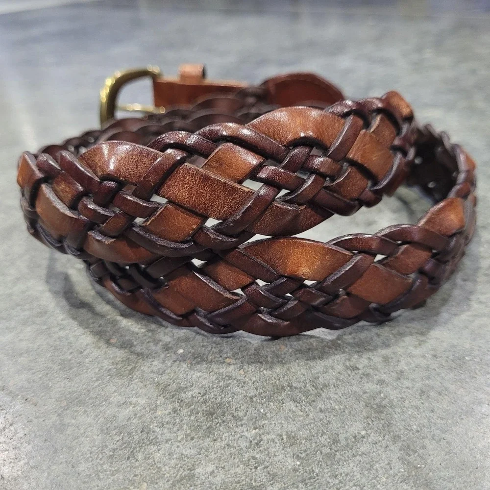 VTG Express Belt Lg Brown Leather Woven Braided Boho Cowgirl 90s Two Tone Rustic